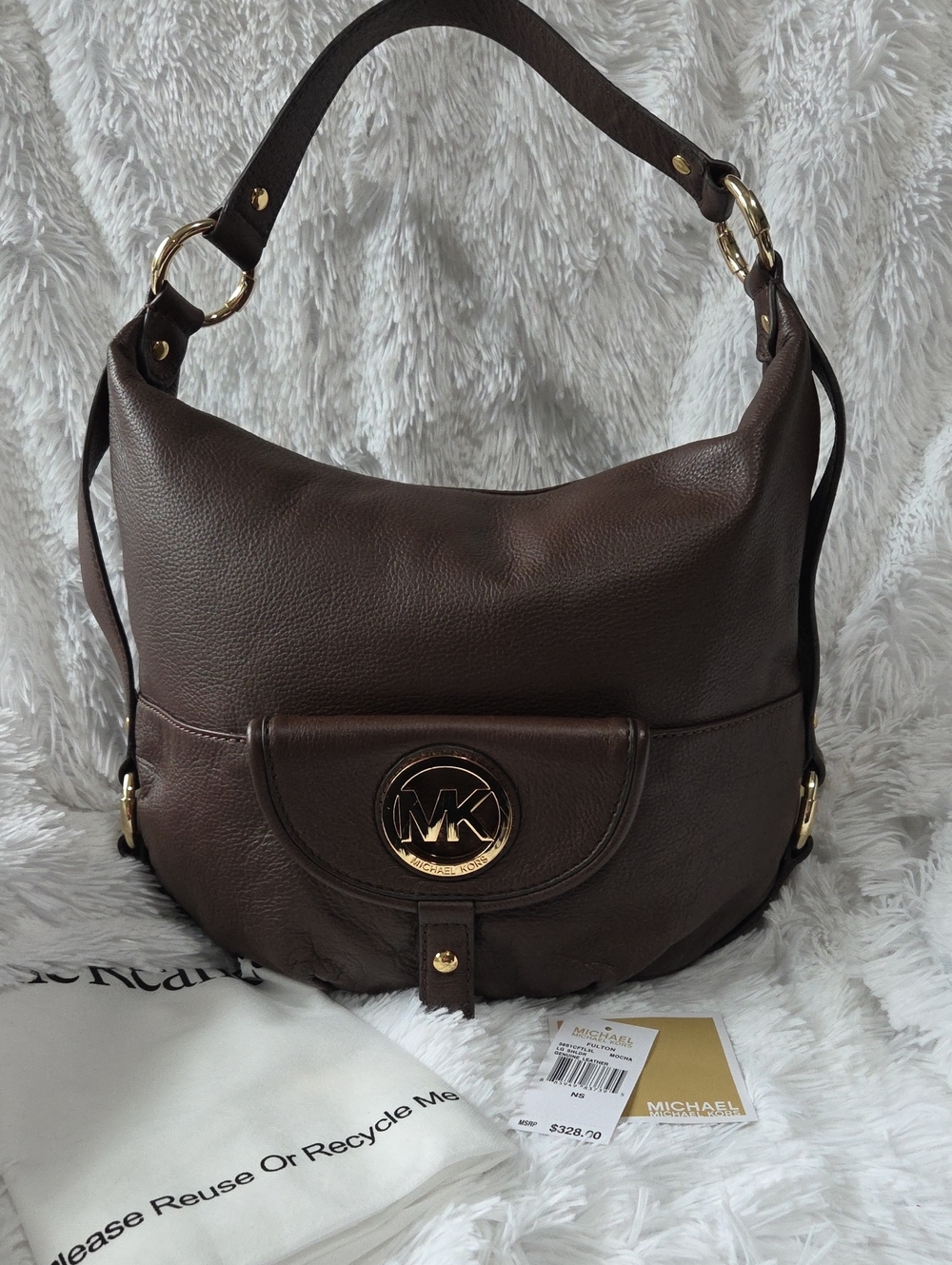 Huge Michael Kors Dark Brown Pebbled Leather Hobo with Gold MK Accent